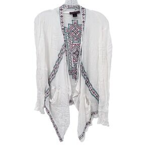 ROCK & ROLL COWGIRL Women's Size S White Embroidered Open-Front Cardigan Pockets